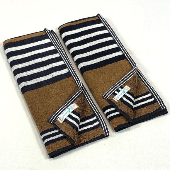 Vintage 70s FIELDCREST Set of 2 Hand Towel 16" x 25": Brown Navy White Stripes - Picture 1 of 10